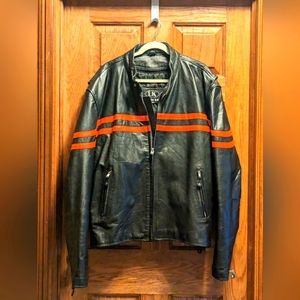 EUC- Leather King Black Leather Jacket With‎ Orange Stripes.